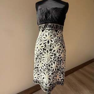 SUE WONG Ribbon and Beaded Strapless Cocktail Dress